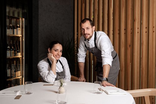 Cristina Canovas and Diego Aguilar in the dining room at Palodu