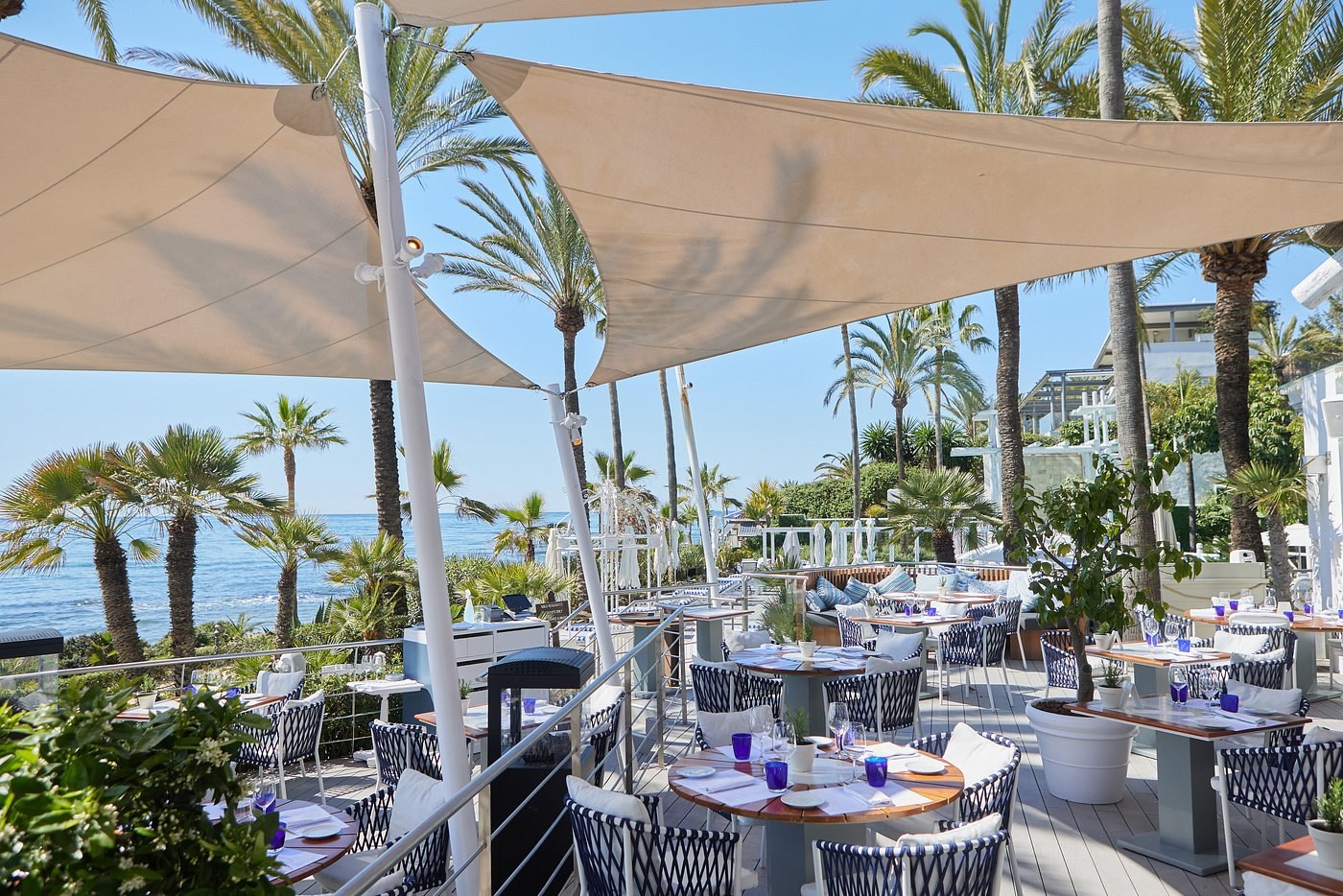 A shaded terrace with navy and white woven chairs and laid tables looking out over palms to the sea at Puente Romano, Marbella